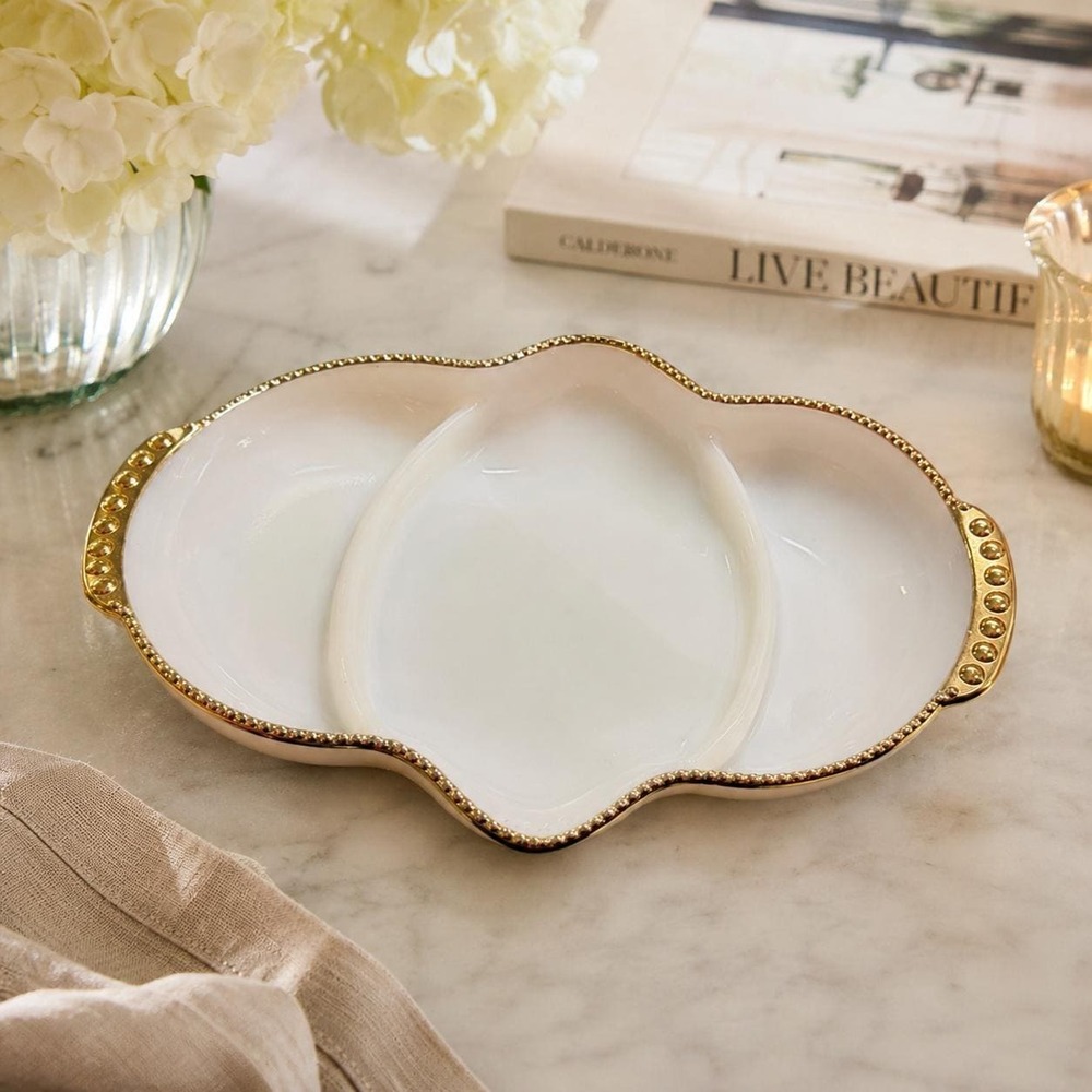 VTG Anchor Hocking Fire King Divided Dish Tray w/ Raised Gold Trim Regency